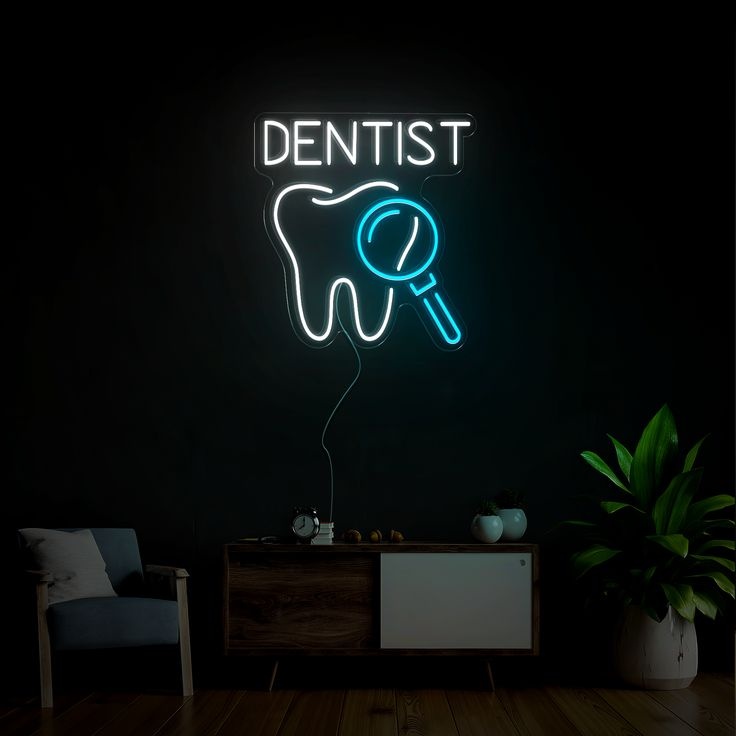 Неоновая вывеска настенный DENTIST, холодный белый, голубой