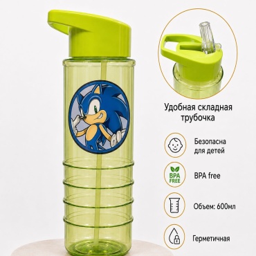 Бутылка 0.6 л зеленый, крышка с трубочкой, пластик