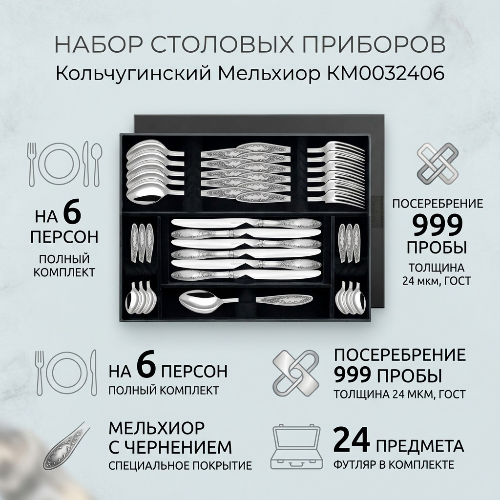Набор столовых приборов Кольчугинский мельхиор 24 шт, серебристый КМ0032406
