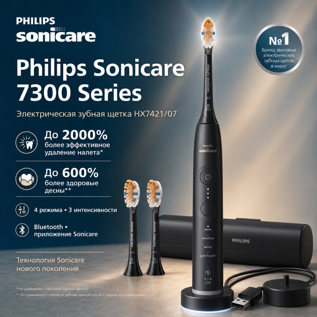 Philips звуковая щетка 7300 Series HX7421/07 щетина средняя черный