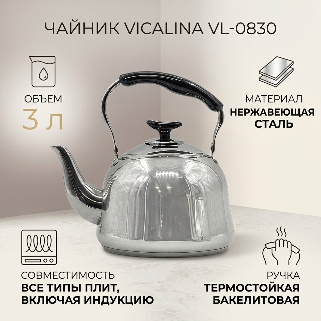 Vicalina чайник VL-0830 3 л, нержавеющая сталь