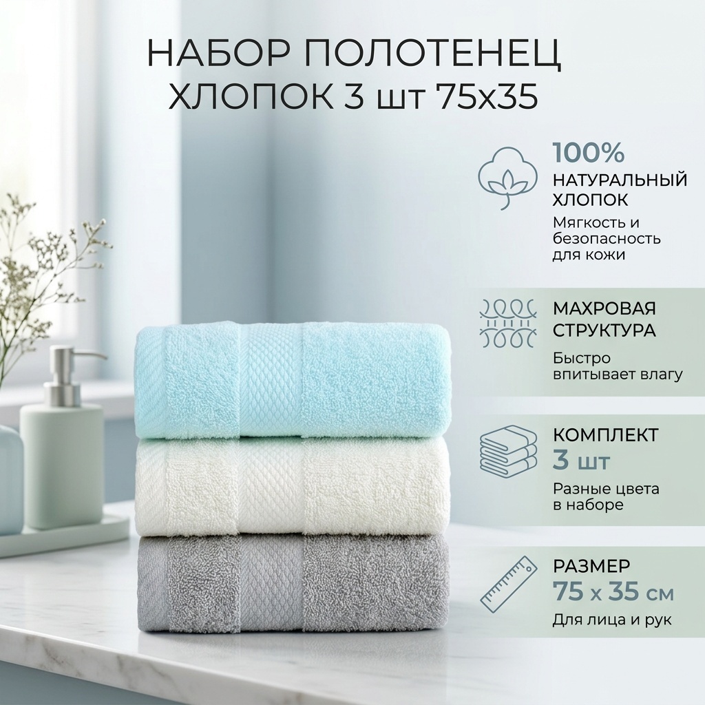 Полотенце 75x35 см, хлопок, 3 шт,