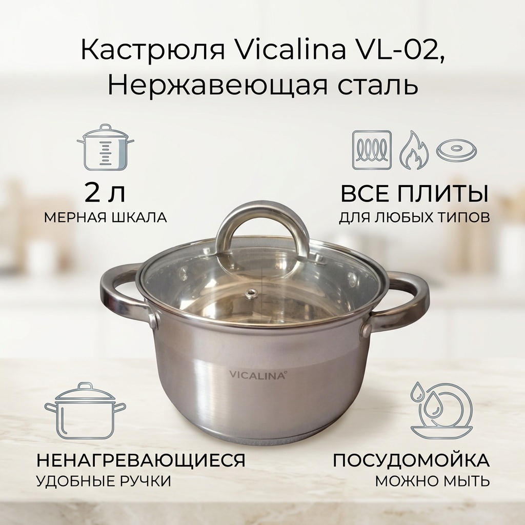 Кастрюля 2 л, Vicalina VL-02 нержавеющая сталь