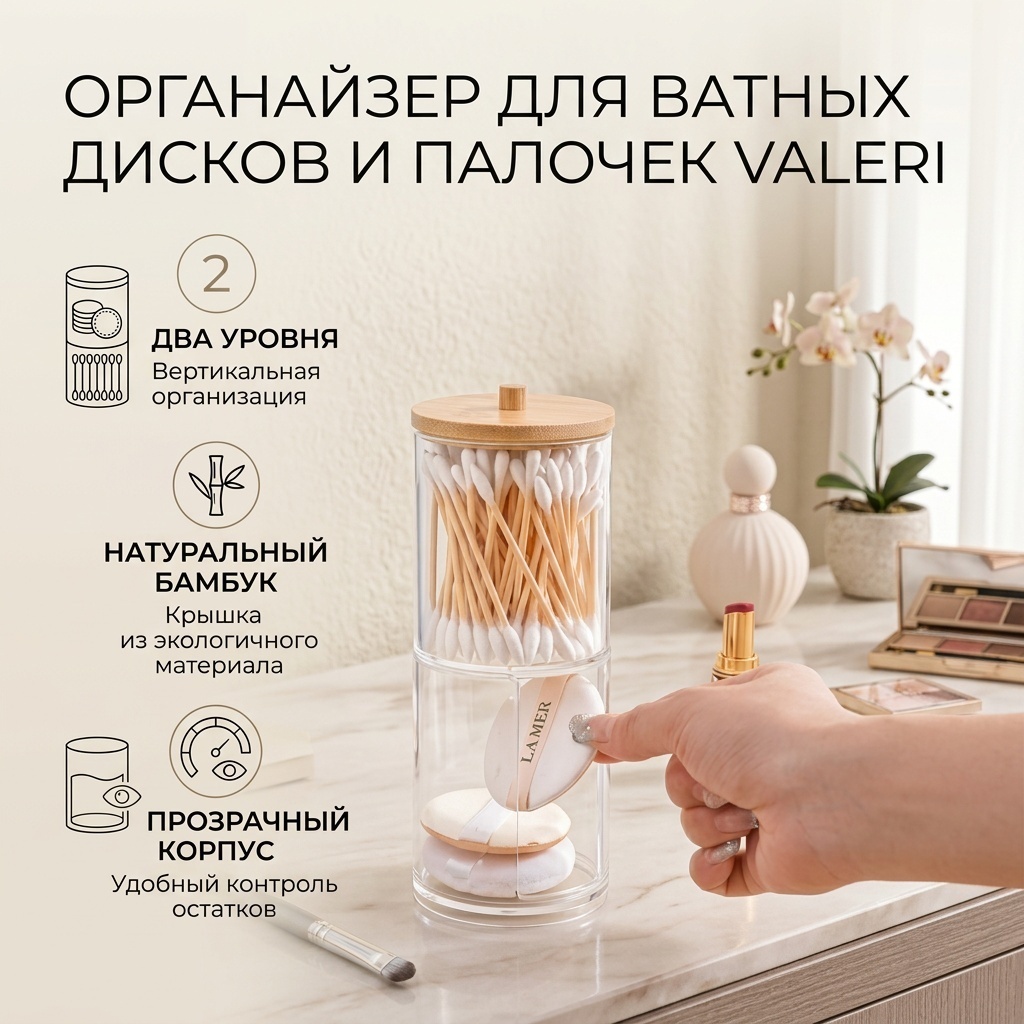Органайзер для ватных дисков и ушных палочек пластик, бамбук
