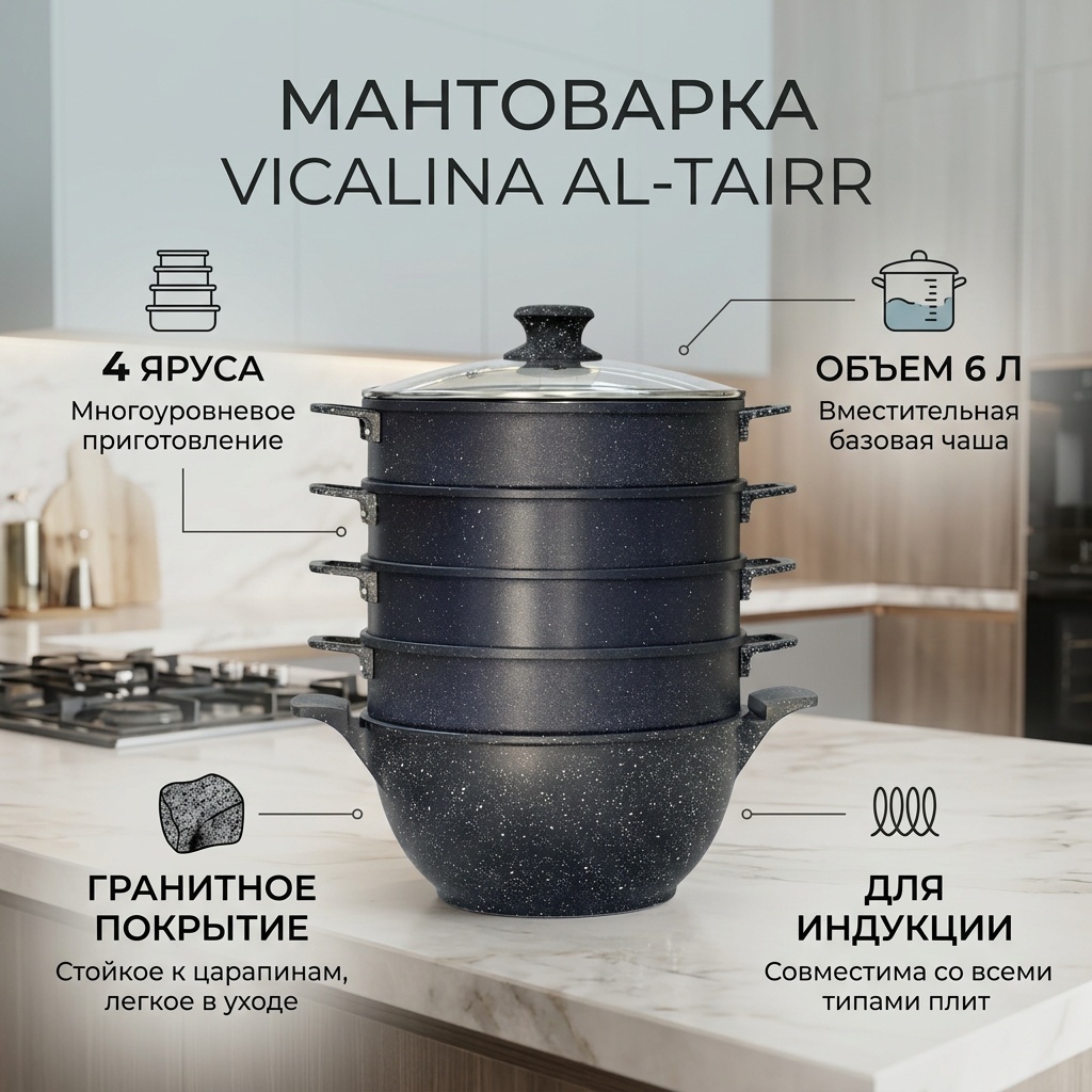 Мантоварка 6 л, VICALINA сталь, количество ярусов: 4