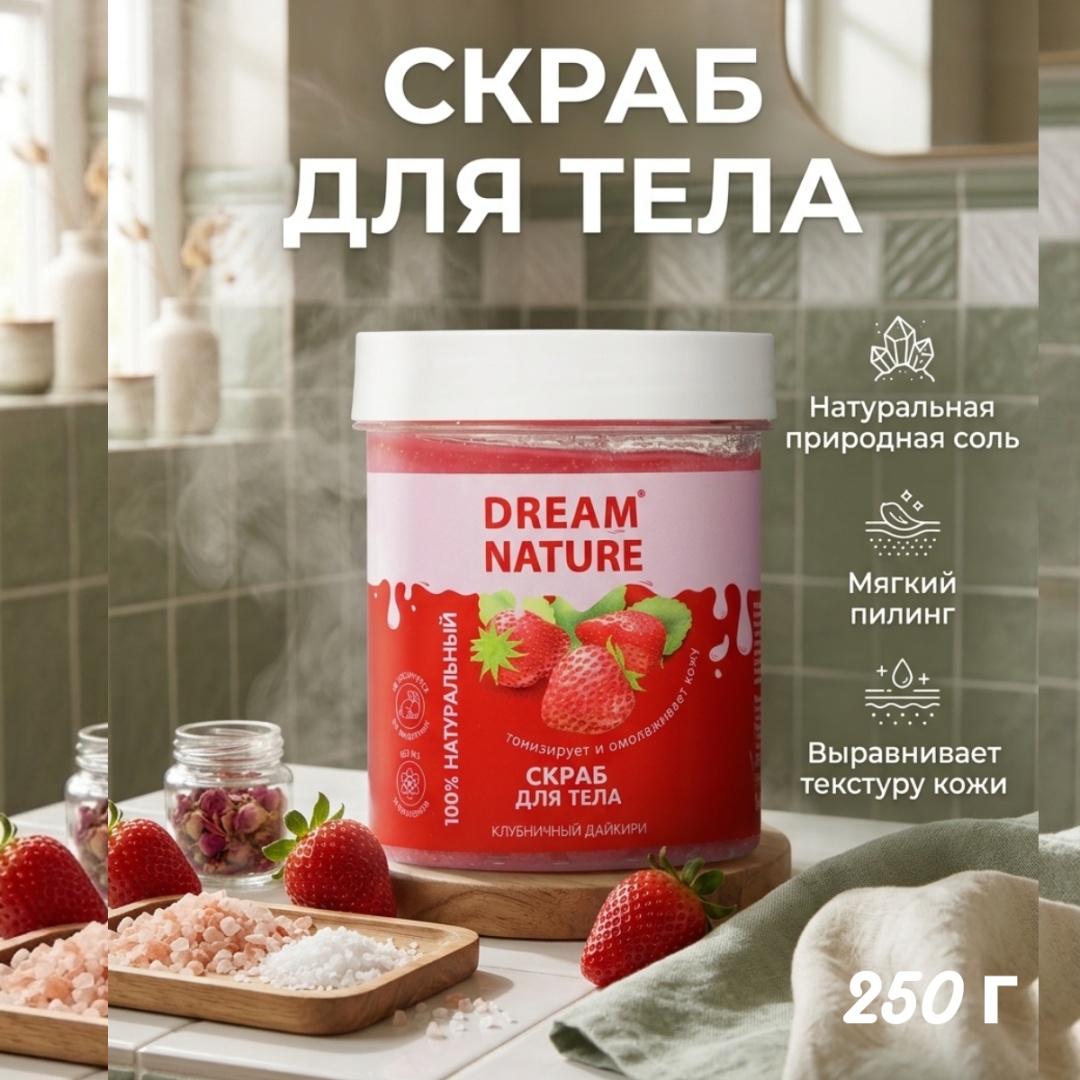 Dream Nature скраб Скраб-пилинг для тела Клубничный дайкири для тела, для рук, для ног 250 г