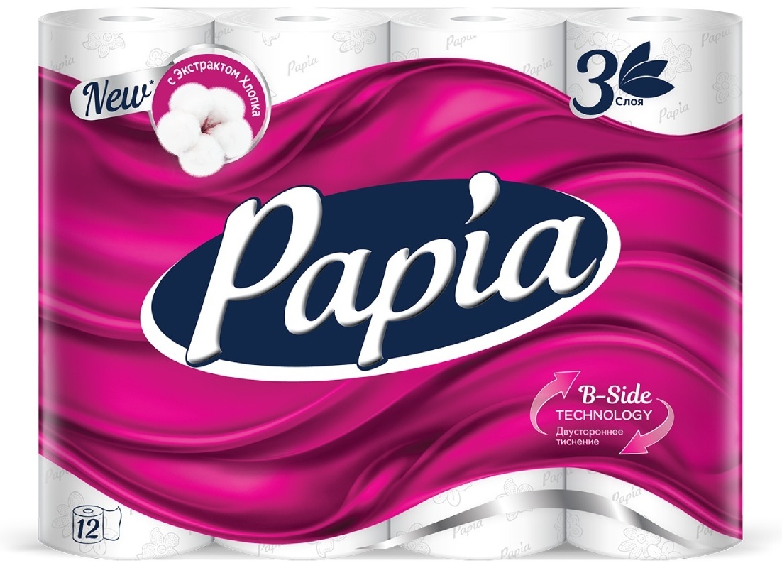 Papia туалетная бумага 3-слойный 12 шт, первичная целлюлоза