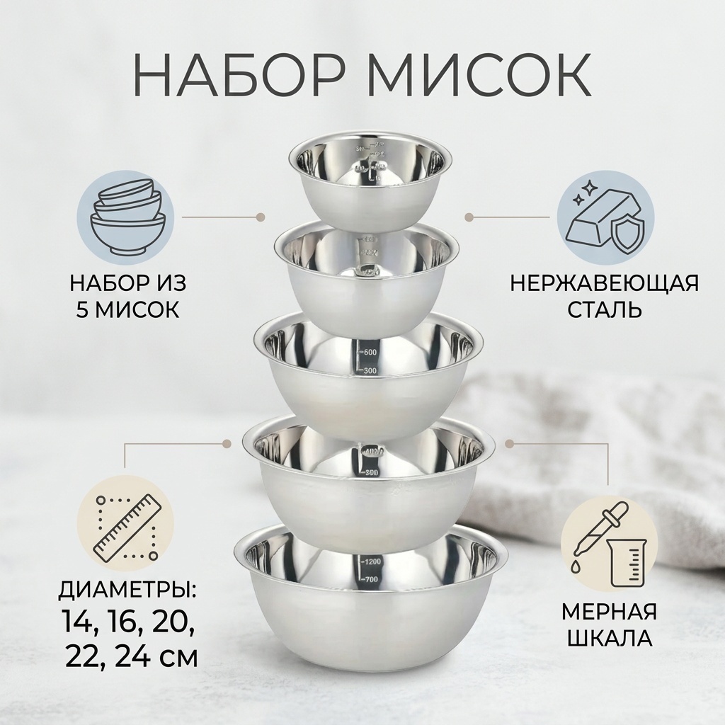 Миска Базовая коллекция 24х24 см, нержавеющая сталь, 5 шт