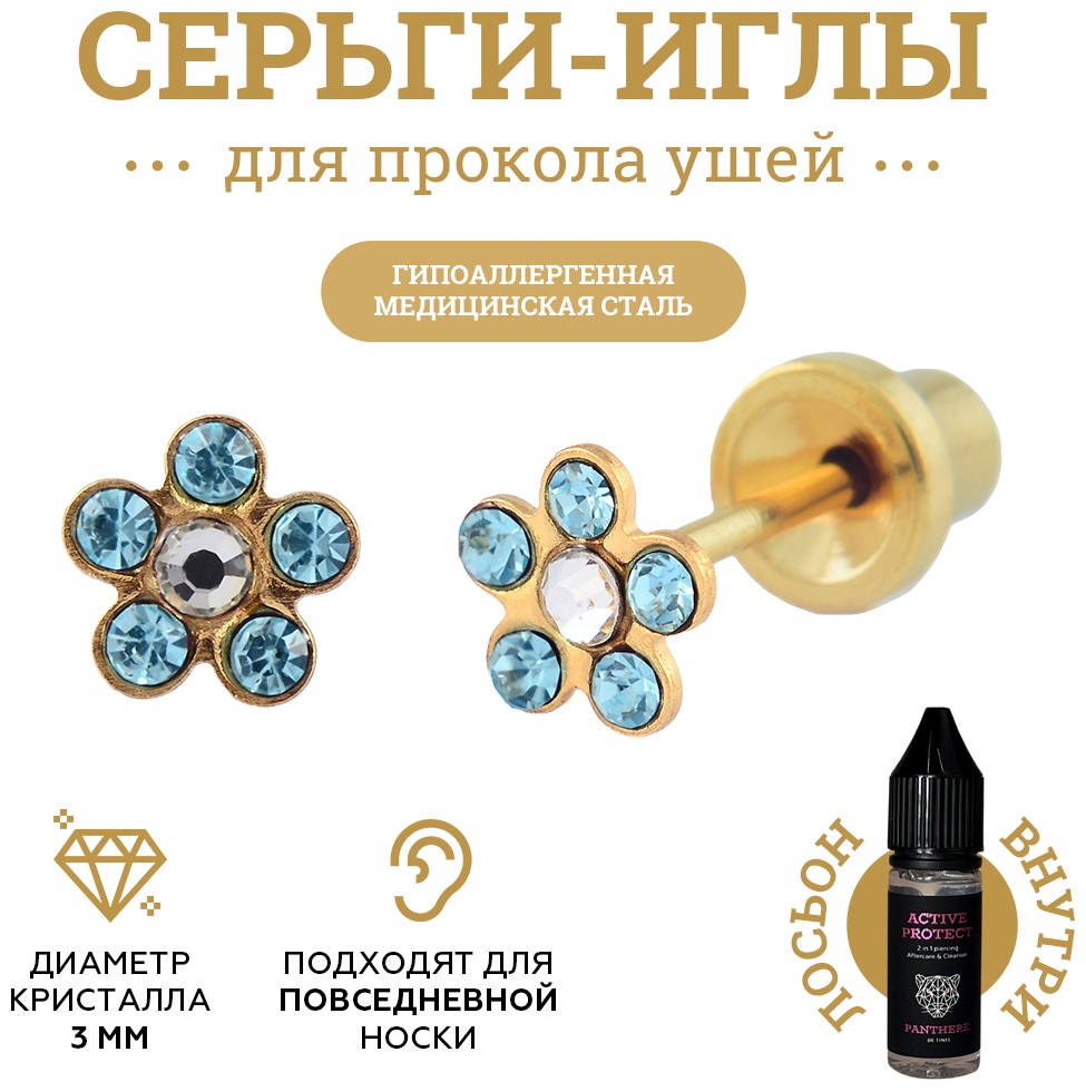 Серьги Panthere De Tinel медицинская сталь, аквамарин