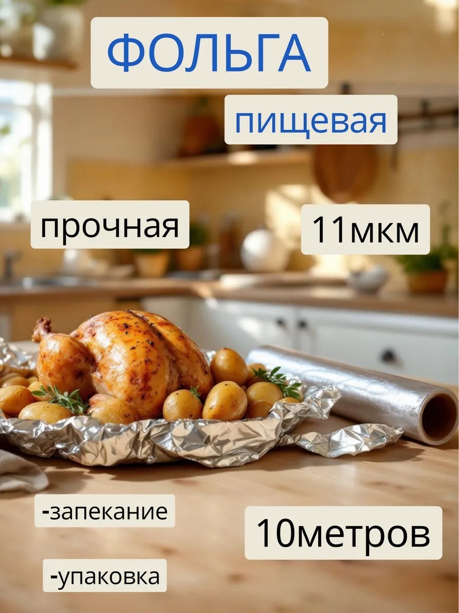 Фольга Универсальная кухонная фольга 10м х 1рул для выпечки, для запекания, для хранения продуктов