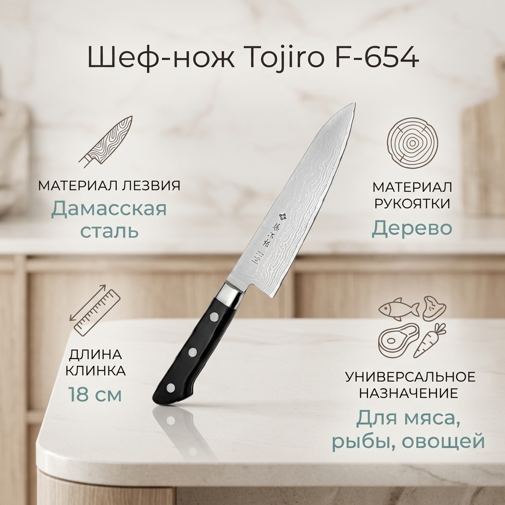 Шеф-нож Tojiro F-654, лезвие: дамасская сталь 1 шт