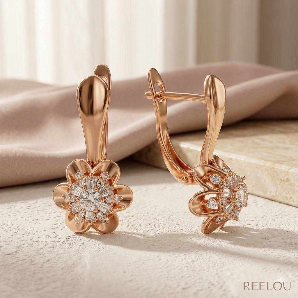 Серьги REELOU Fleur Lumière вес 3 г сплав покрытый золотом 24К, циркон