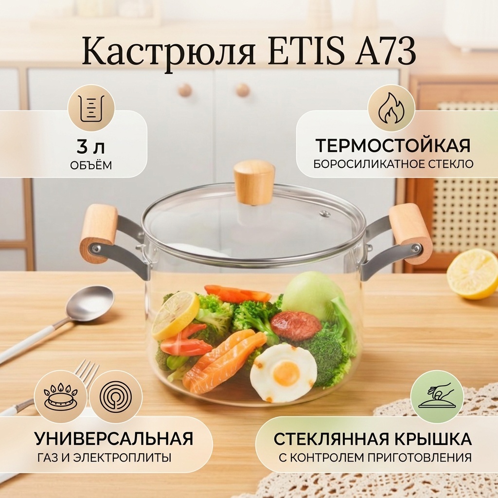 Кастрюля 3 л, ETIS A73 стекло