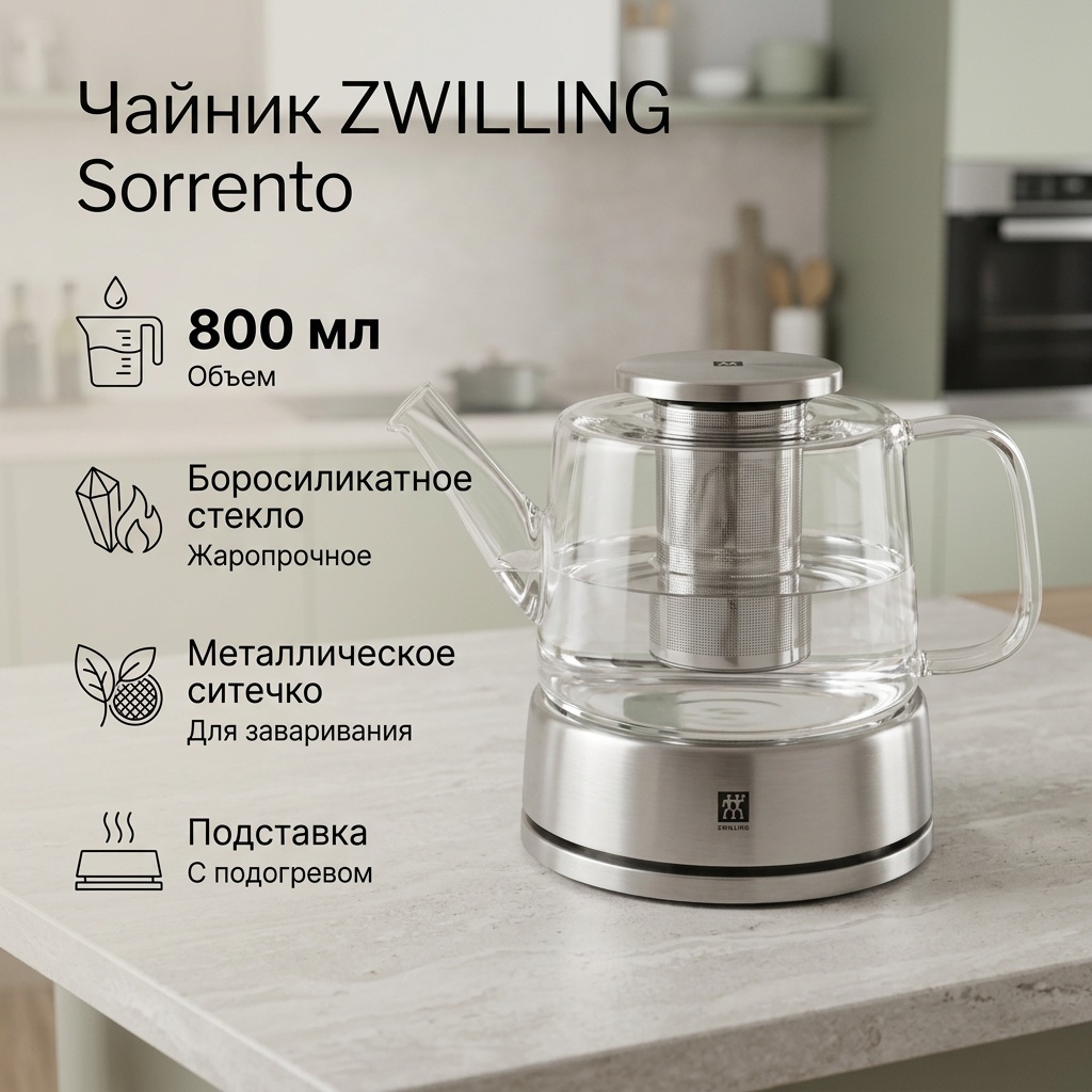 Чайник ZWILLING Sorrento 39500-142-0 0.8 л, стекло, нержавеющая сталь, силикон, боросиликатное стекло