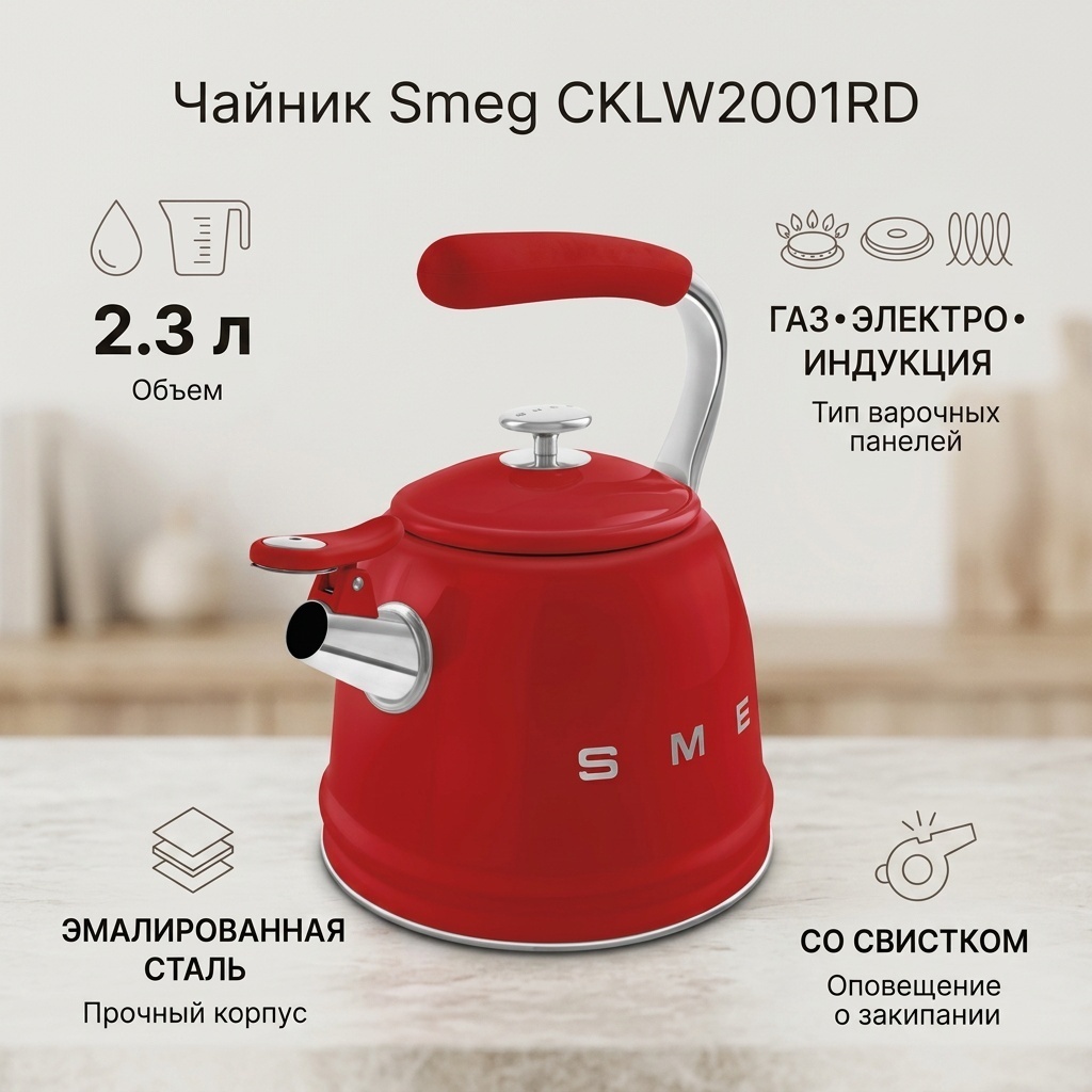 Smeg чайник CKLW2001RD 2.3 л, алюминий, нержавеющая сталь
