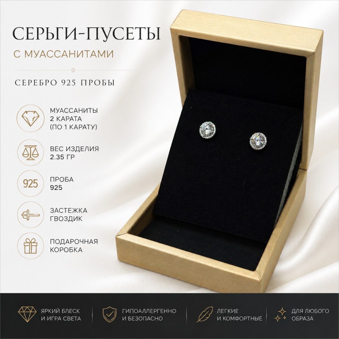 Пусеты металл, муассанит