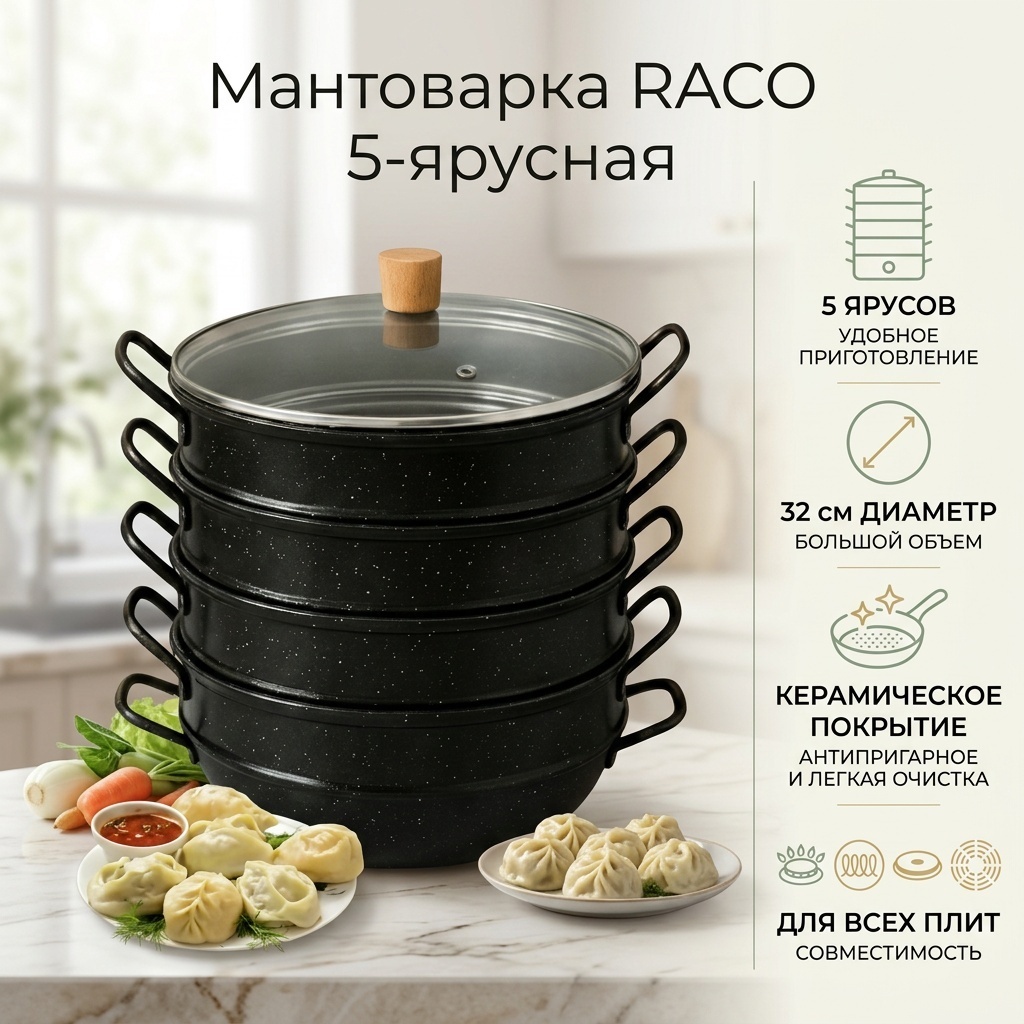 Мантоварка 32 л, RACO нержавеющая сталь, количество ярусов: 5