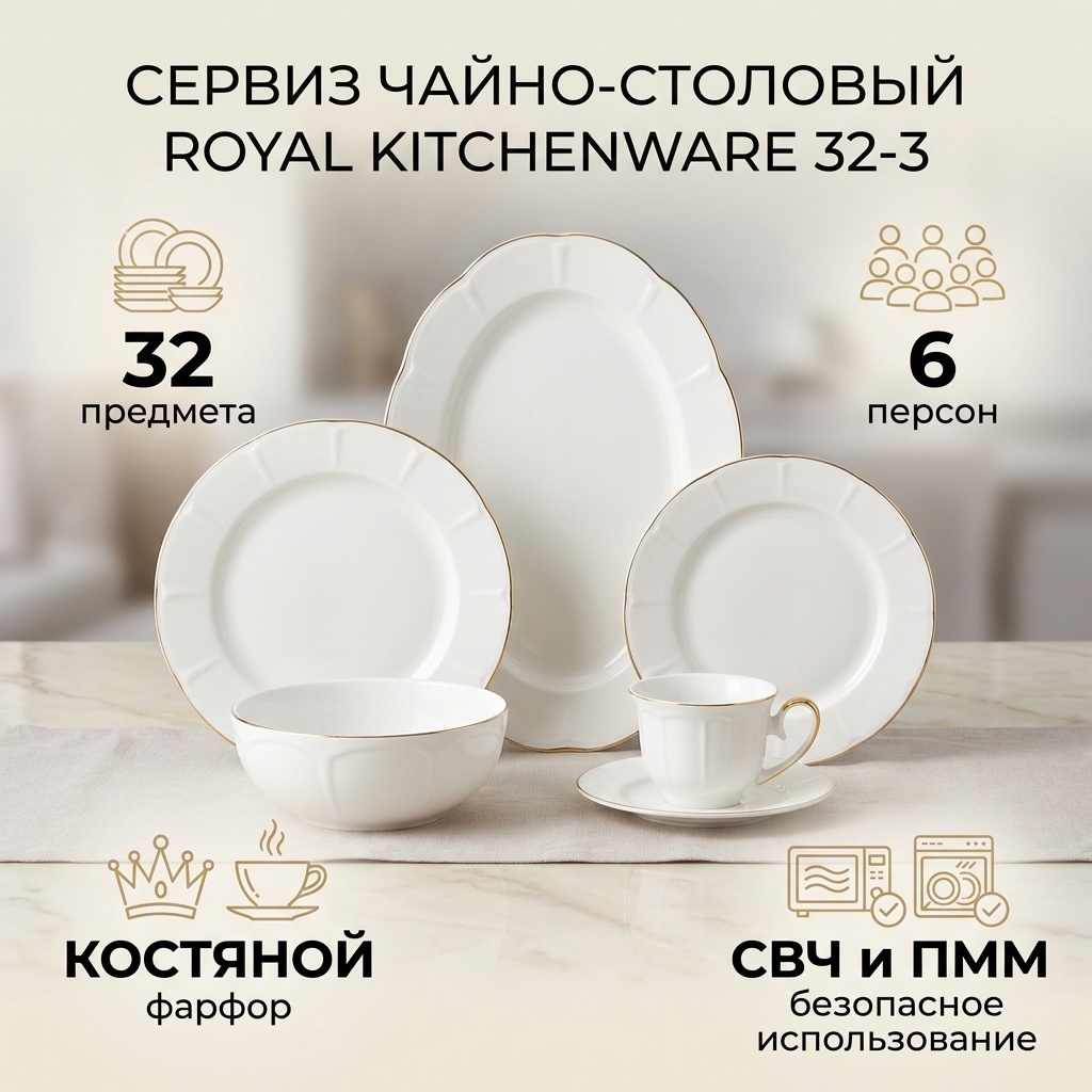 Сервиз на 6 персон Royal kitchenware 32-3, предметов: 32, чайно-столовый, костяной фарфор