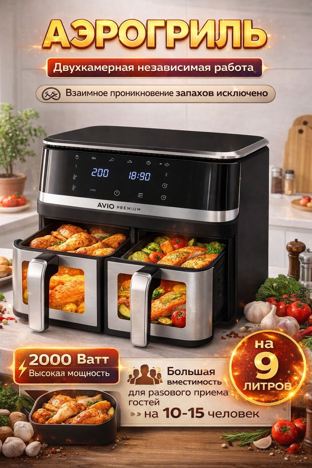 Двойной аэрогриль AVIO Easy cook 10 л черный
