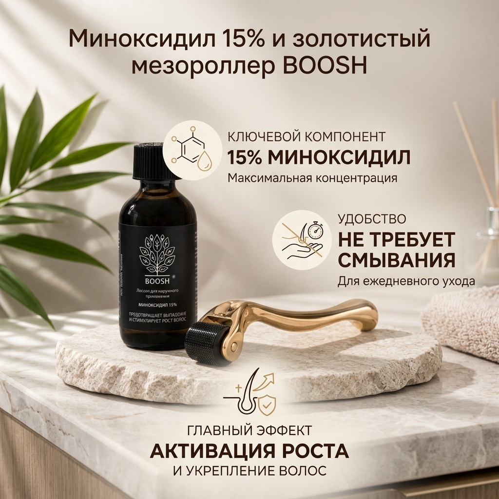 Boosh Cosmetics Миноксидил 15% и золотистый мезороллер лосьон 60 мл