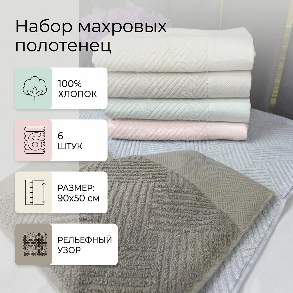 Набор полотенец 90x50 см, хлопок, 6 шт,