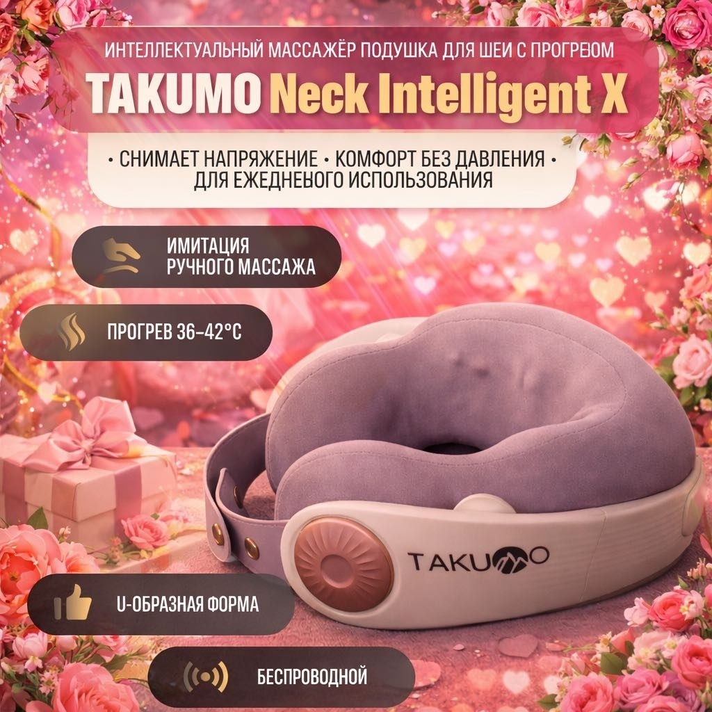 Массажер TAKUMO интеллектуальный массажёр-подушка Neck Intelligent X подушка надавливающий, разминающий, разогревающий, инфракрасный прогрев
