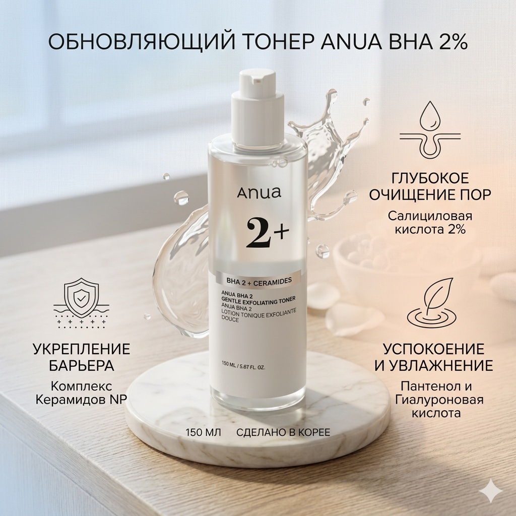 Anua тонер BHA 2% Gentle Exfoliating Toner — Обновляющий тонер с салициловой кислотой и керамидами 150 мл