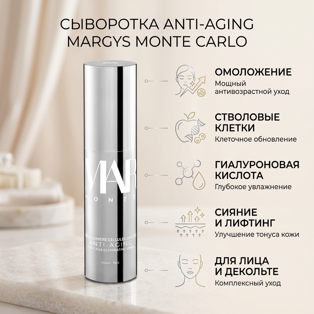 Margys Monte Carlo сыворотка Anti-Aging Stem Cells Illuminating Serum для лица, для зоны декольте 30 мл