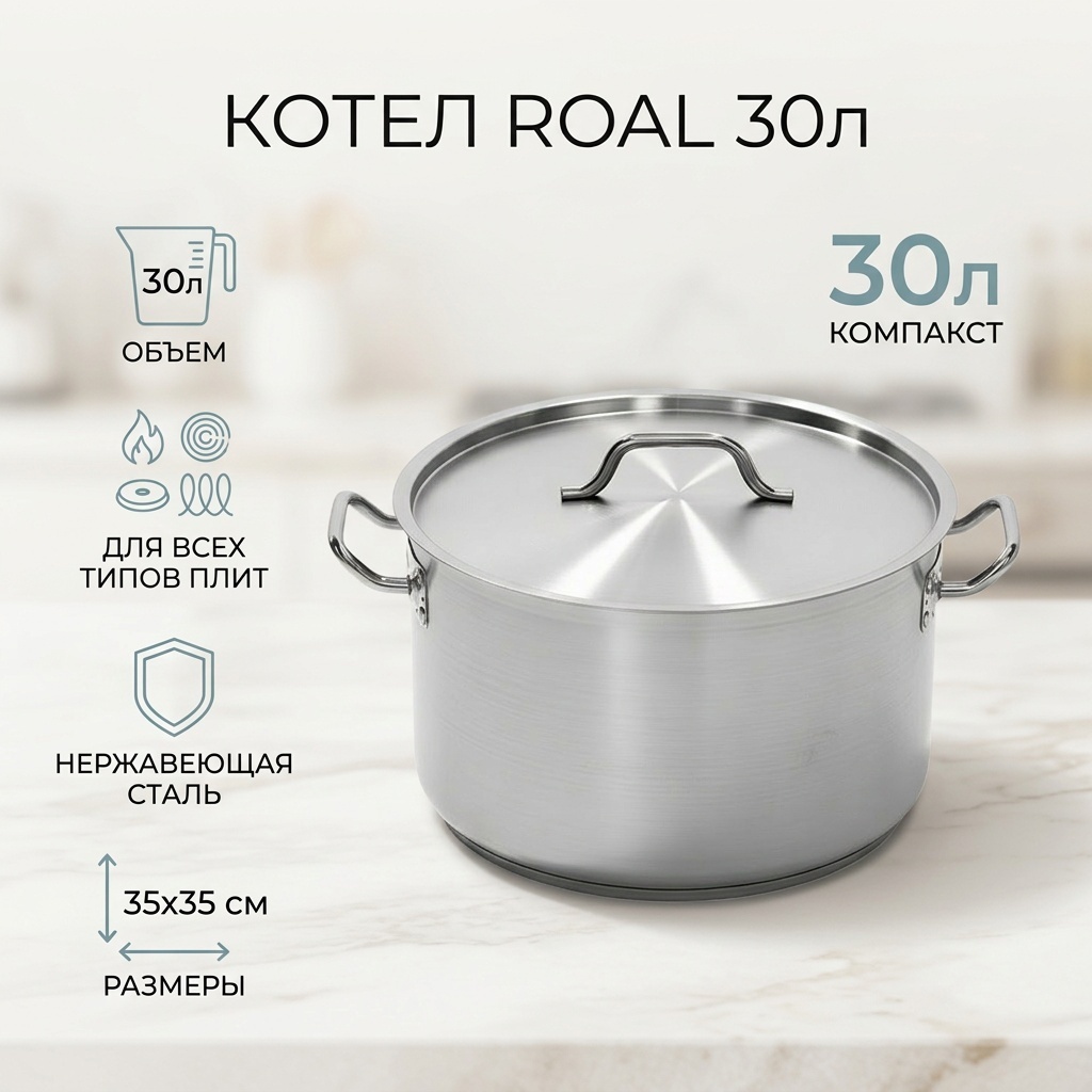 Кастрюля 30 л, Roal Котел Roal 30л, 35x35 см нержавеющая сталь