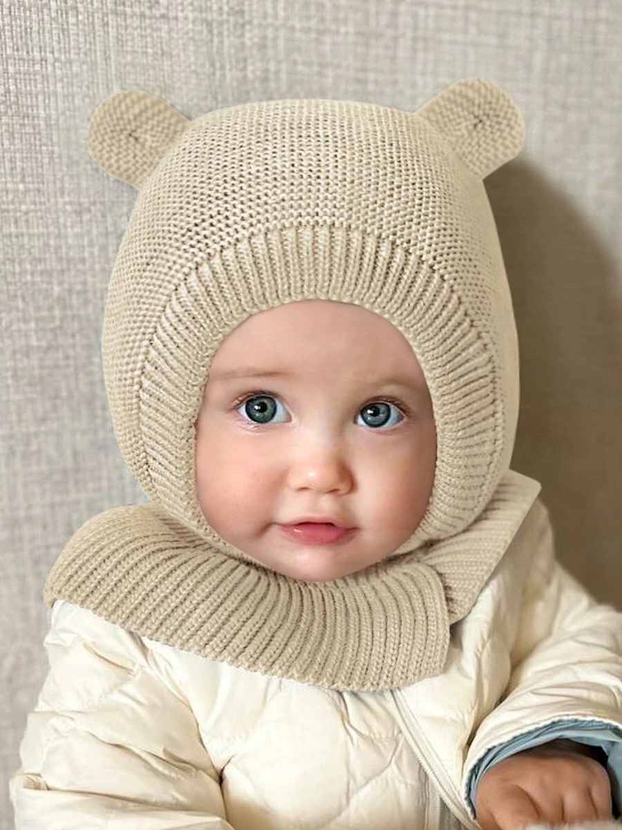 Шапка Amarobaby Шапка-шлем вязаная Pure Love Warm зимняя с утеплителем молочный бежевый 42, 44