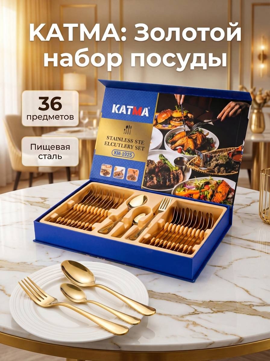 Набор столовых приборов KATMA 36 шт, золотистый КМ-1925