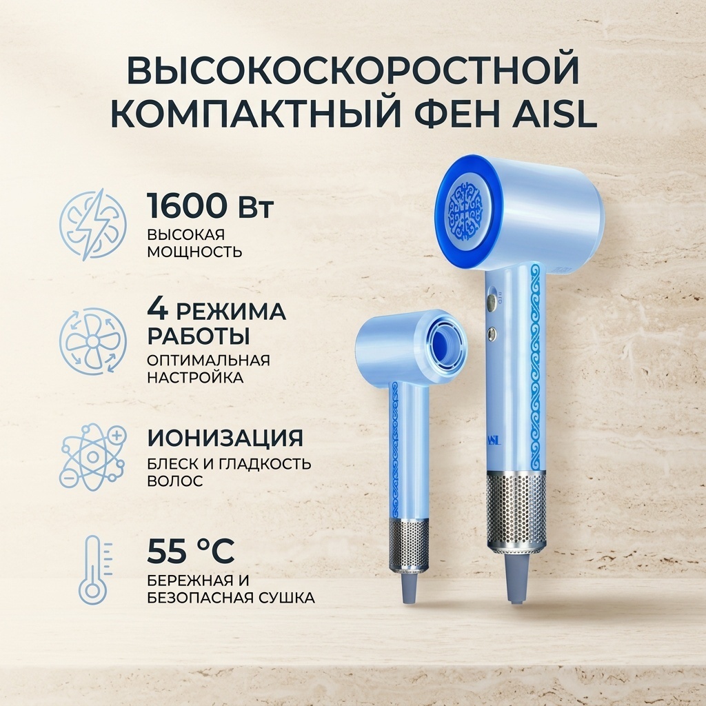 Высокоскоростной компактный фен синий