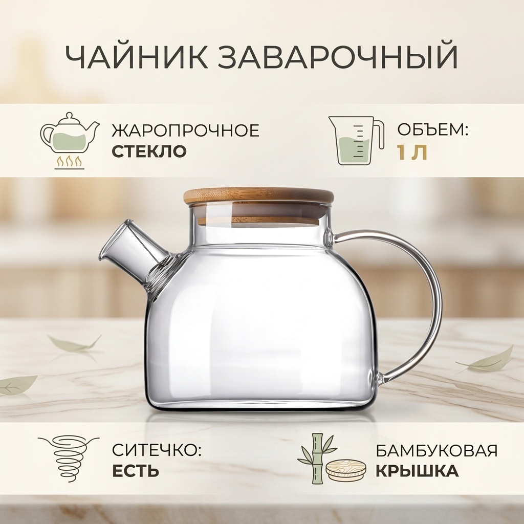 Чайник 682096121 1 л, бамбук, стекло