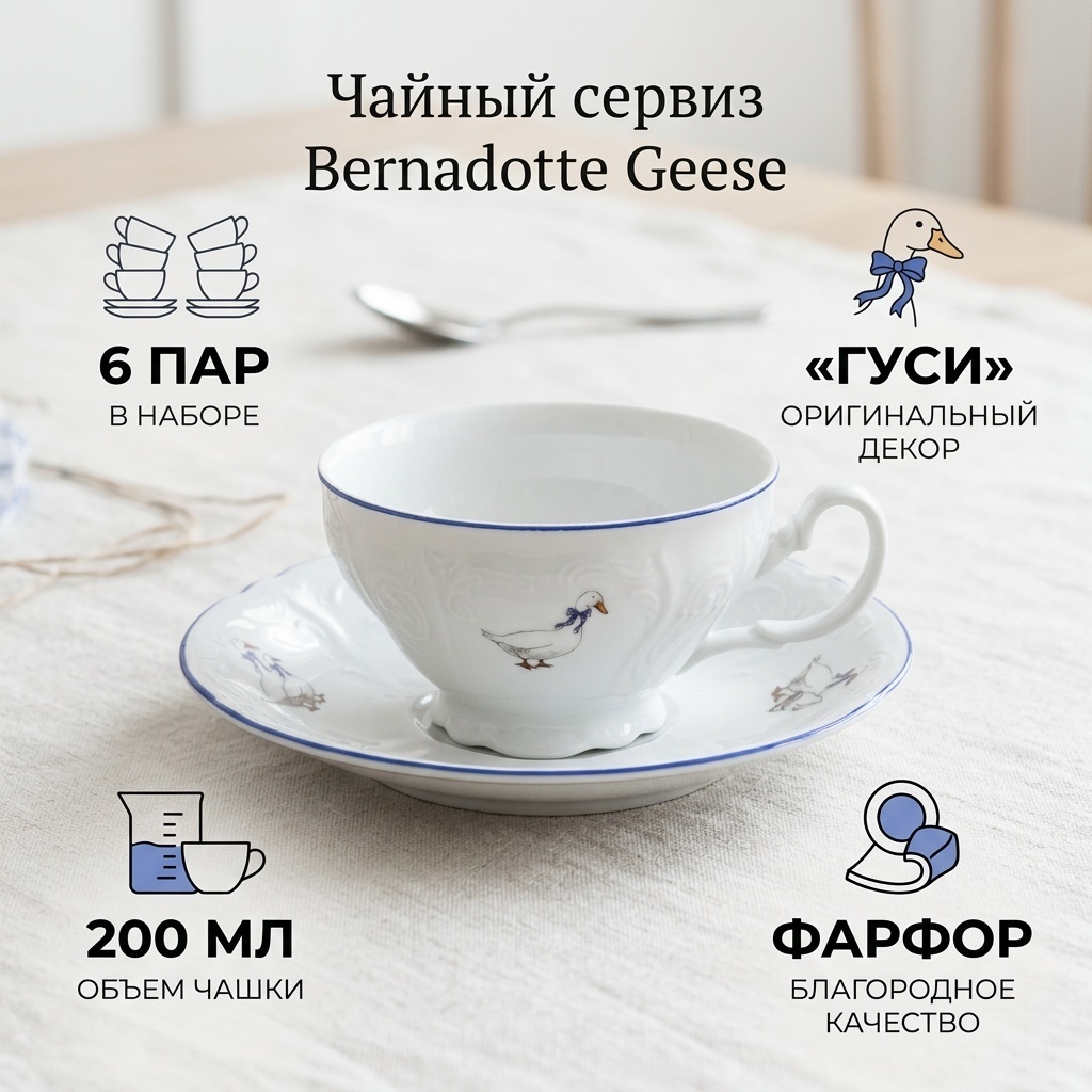 Чайная пара Bernadotte «Гуси», 200 мл, фарфор, 6 шт.