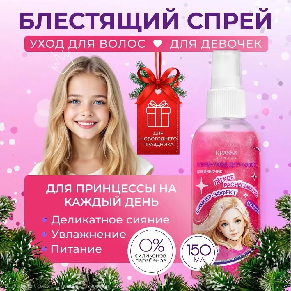 KRASSA JUNIOR Блестящий спрей-уход для волос для девочек спрей 150 мл
