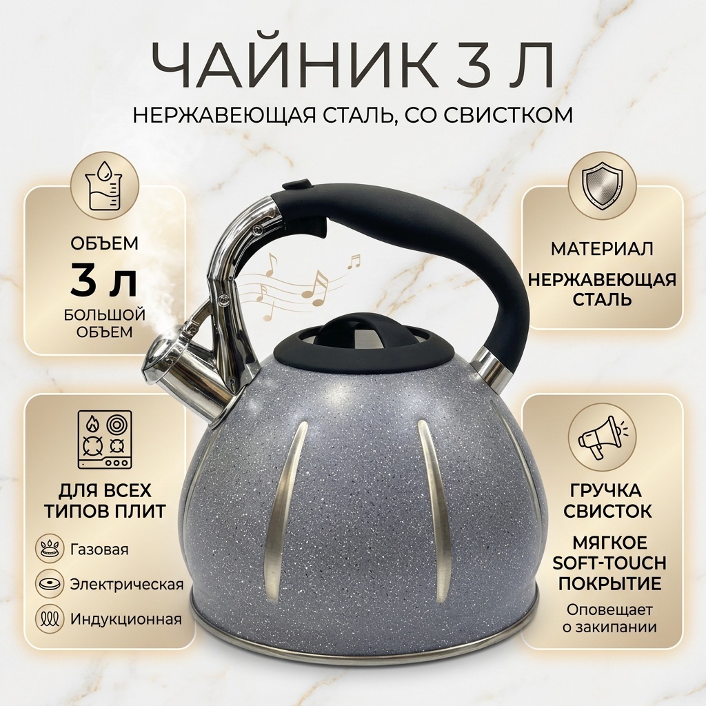 Чайник 30401420_808877070 3 л, нержавеющая сталь
