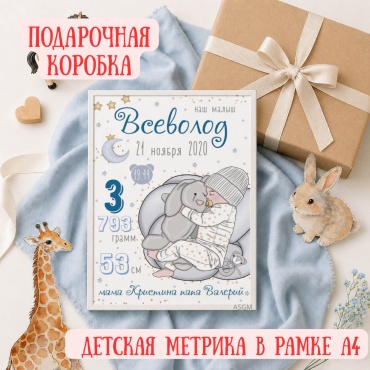 ASGM фоторамка Метрика ребенка в рамке А4 Детская метрика новорожденного с именем Подарок новорожденному Для мальчика