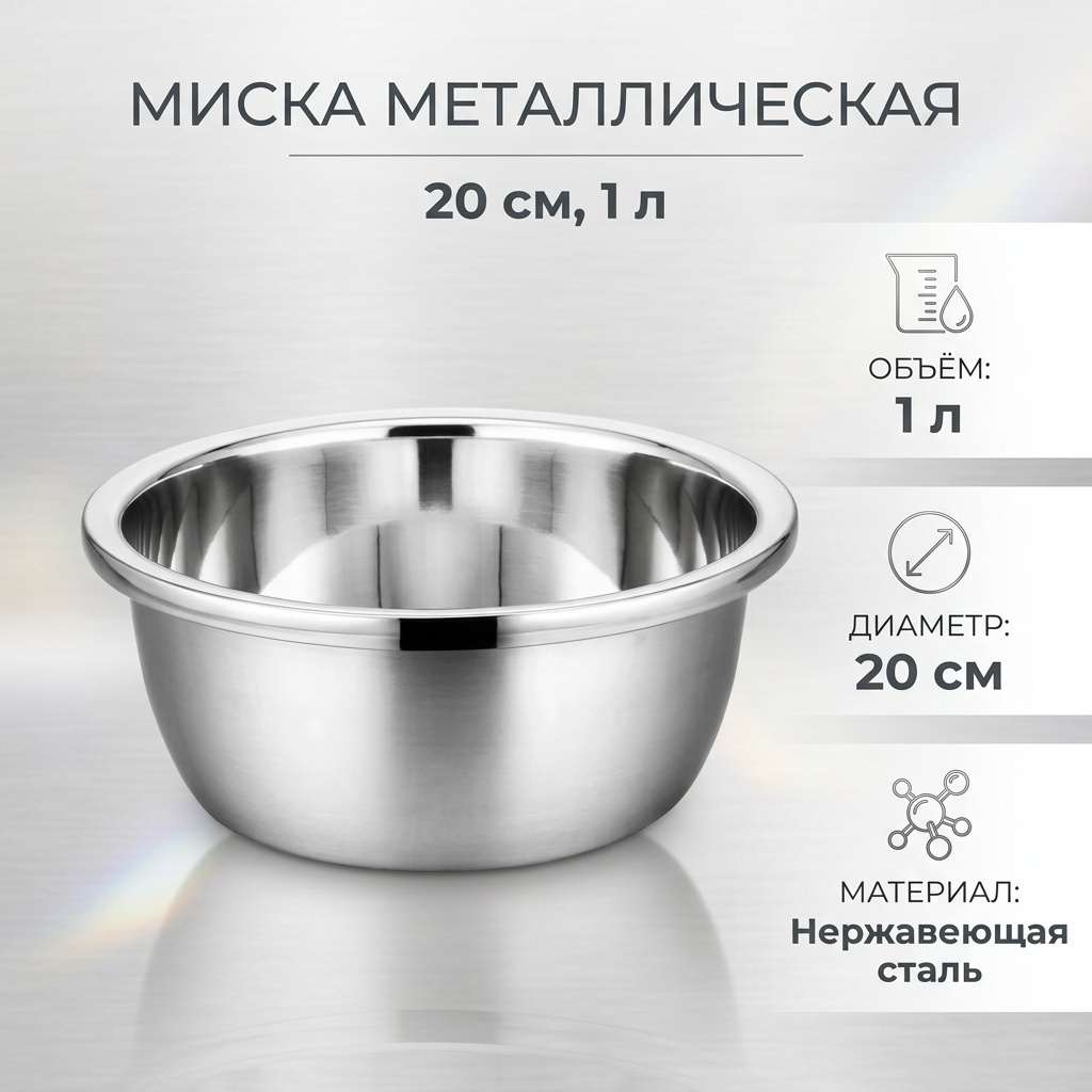 Миска 20х20 см, нержавеющая сталь, металл, 1 шт