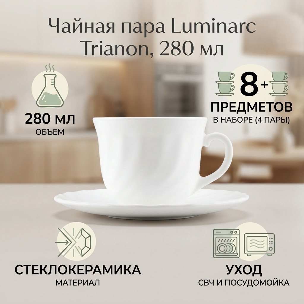 Чайная пара Luminarc «Trianon», 280 мл, стекло, стеклокерамика, 4 шт.