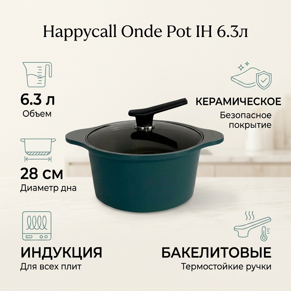 Кастрюля 6.3 л, Happycall Onde Pot IH керамика