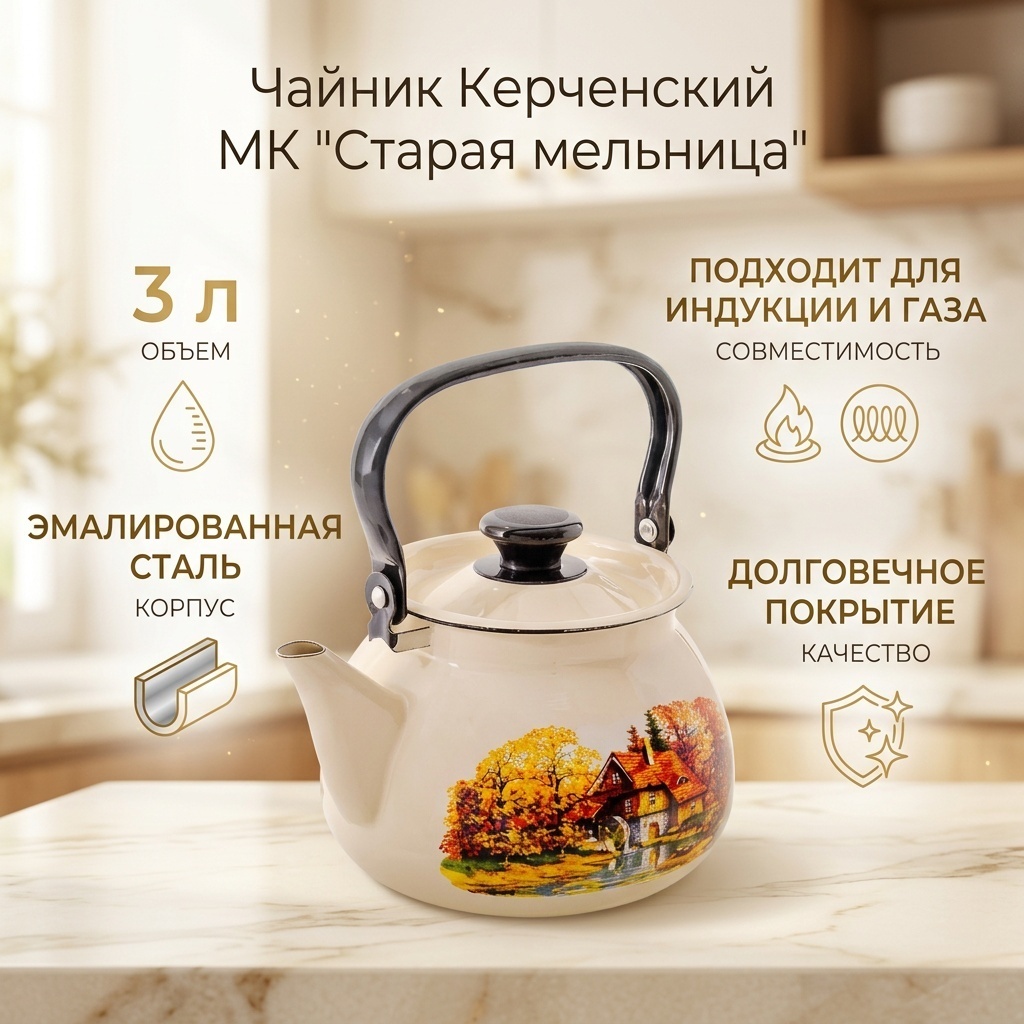 Керченский МК чайник 42104-122/6 Старая мельница 3 л, сталь