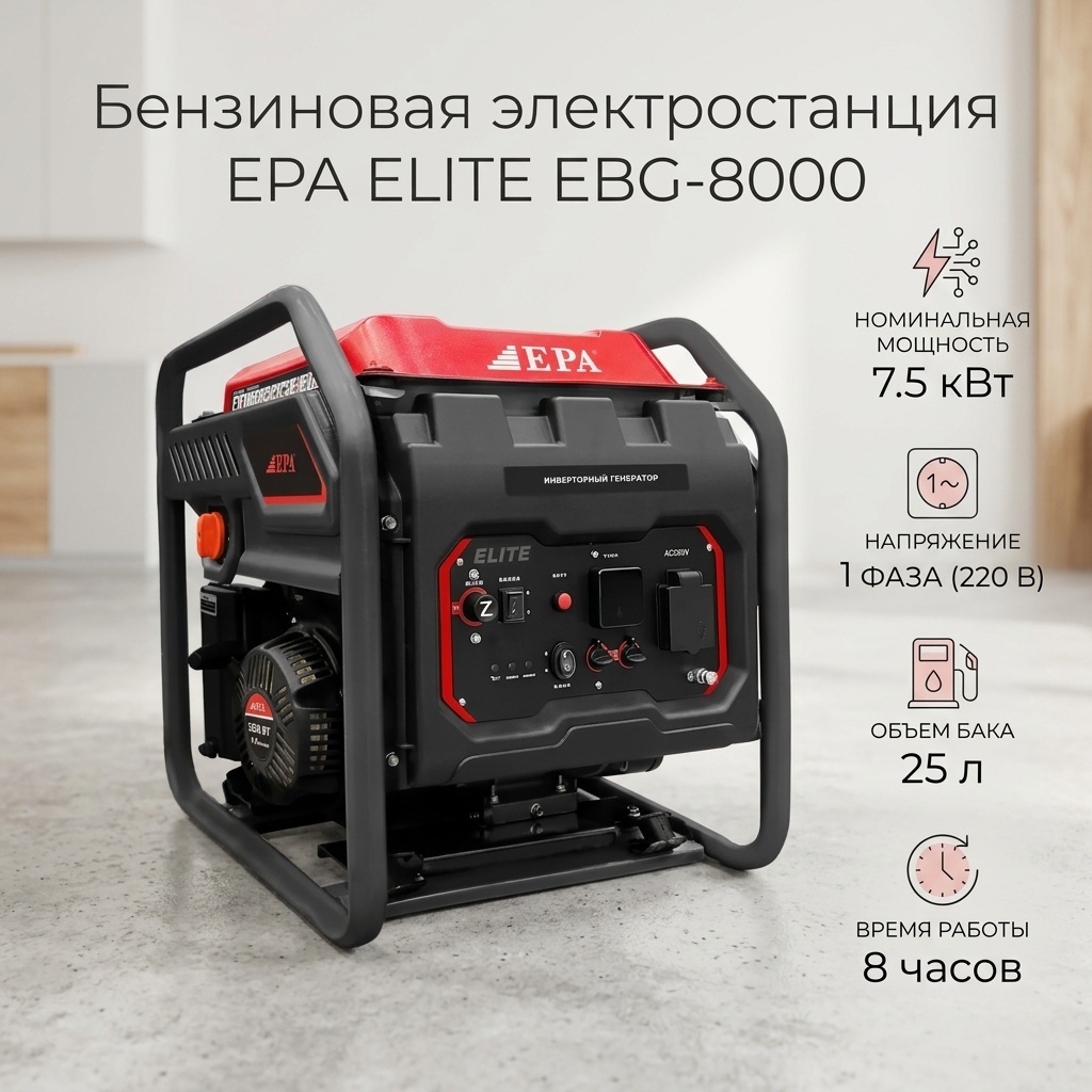 Электростанция бензиновая EPA 7.5 кВт 1 (220 В), EBG-8000