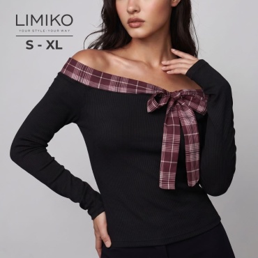 Лонгслив LIMIKO Декоративный бант в клетку черный