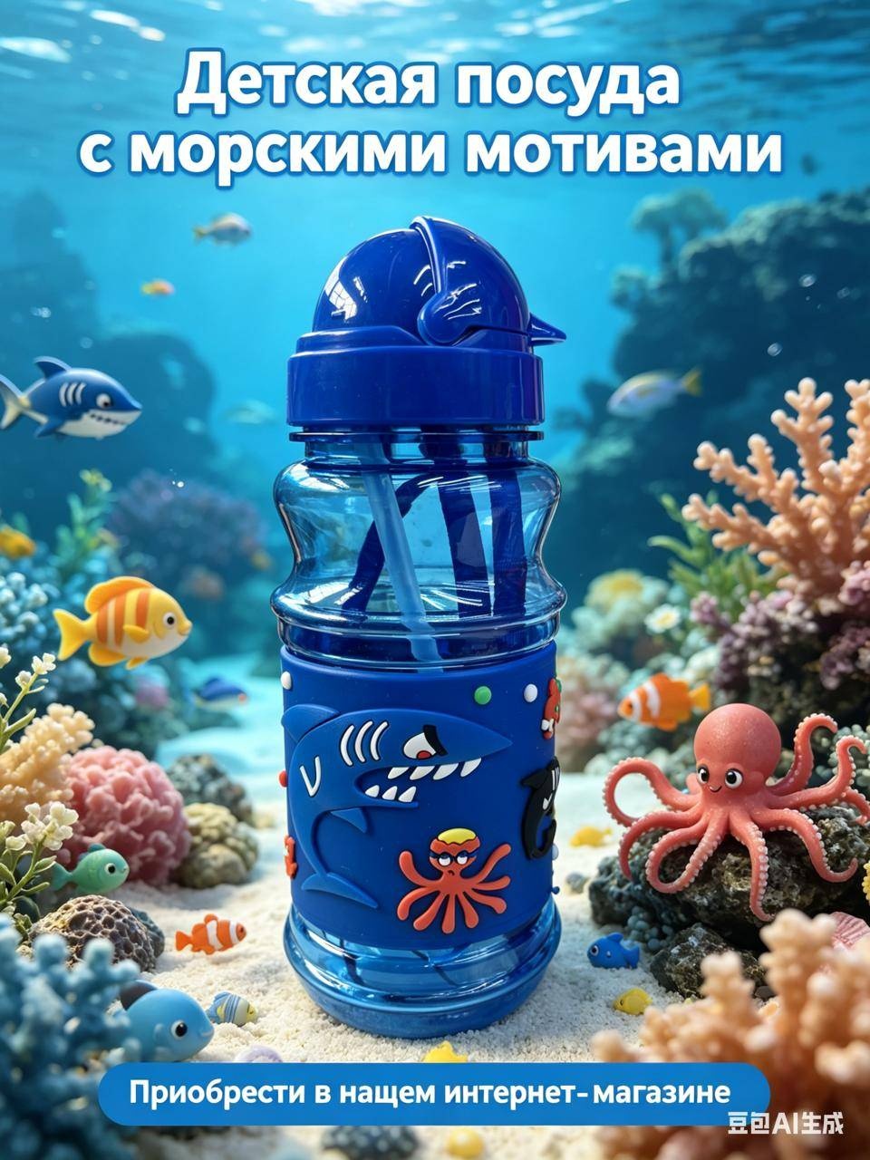 Бутылка 0.4 л синий, крышка с трубочкой, пластик