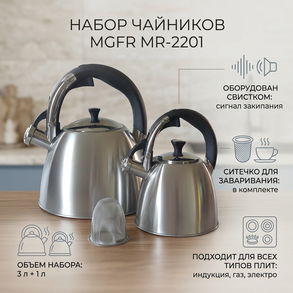 MGFR набор чайников MR-2201 3 л, нержавеющая сталь, бакелит