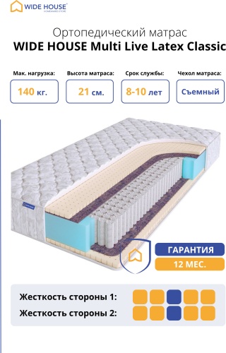 Матрас WIDE HOUSE Multi Live Latex Classic, 140x180x21 см