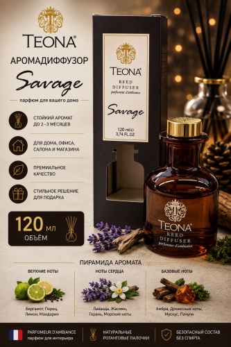 Диффузор с палочками Teona Бергамот, перец, лимон, мандарин, лаванда, жасмин, герань, морские ноты, амбра, дерево, мускус, пачули 120 мл