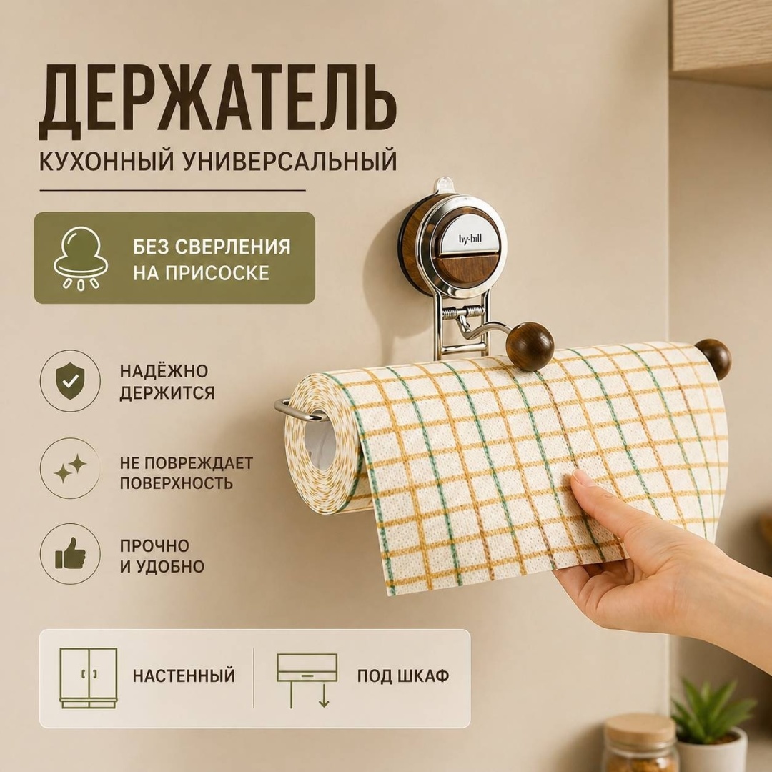 Держатель для бумажных полотенец на присоске без сверления, настенный, под шкаф, кухонный 1 шт, металл, пластик
