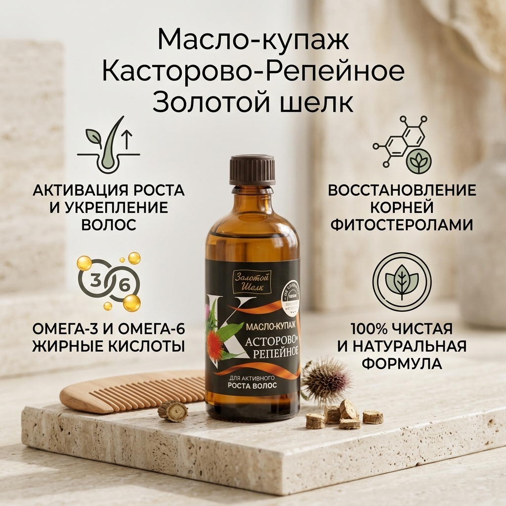 Золотой шелк Касторово-Репейное для активного роста волос масло 100 мл