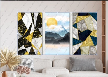 Room Art KZ модульная картина Абстрактный мрамор с золотыми линиями и золотым солнцем и горами 200x100 см